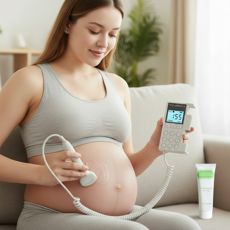 Place the probe gently on your belly and move it slowly around.